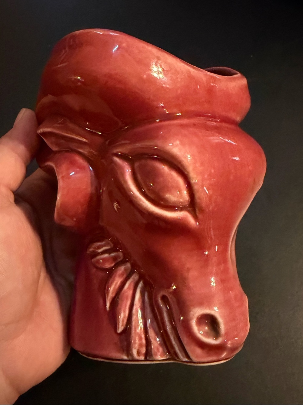 Vintage Rams Head Aries Zodiac Ceramic Planter Maroon Color Excellent Condition